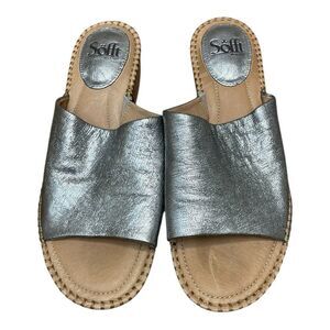 Sofft Leather Silver Slide Sandals Sz 9 Slip On Classic Preppy Neutral Open Toe